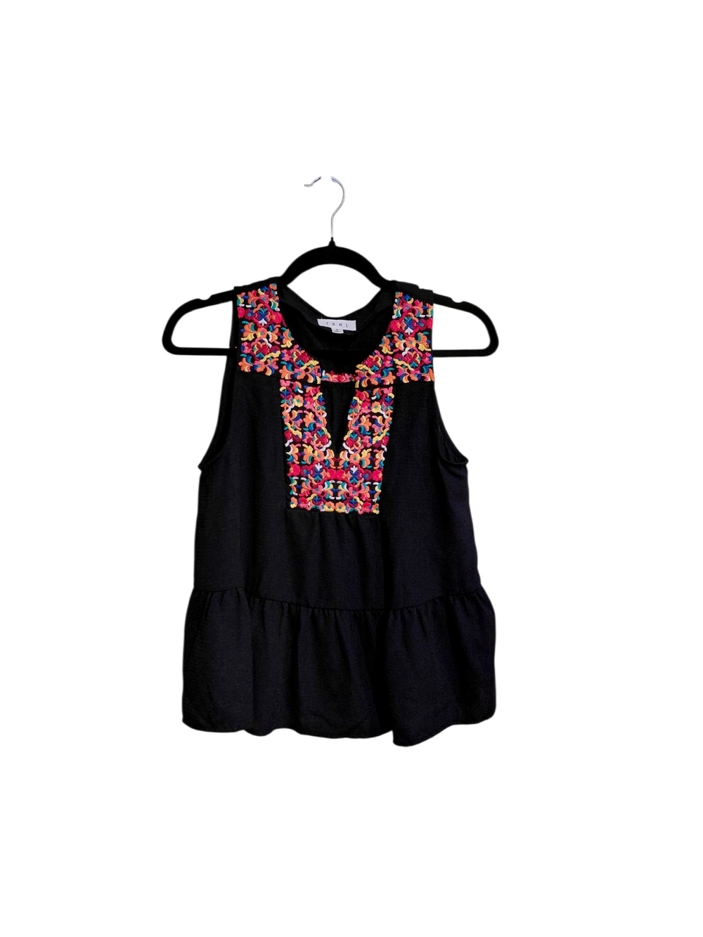 THML Black Tank Top with Vibrant Multicolor Embroidery